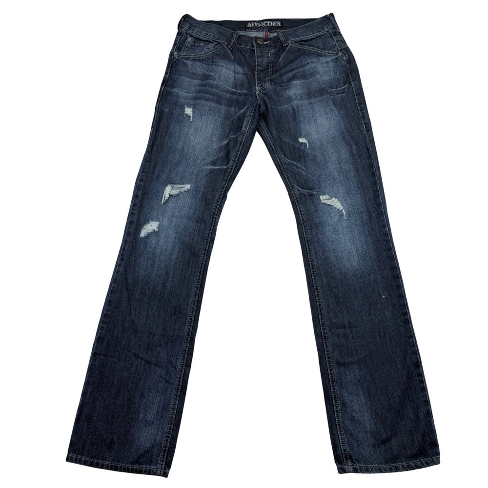Affliction Ace Jeans Mens 32x34 Straight Leg Distressed Button Fly Denim Pants